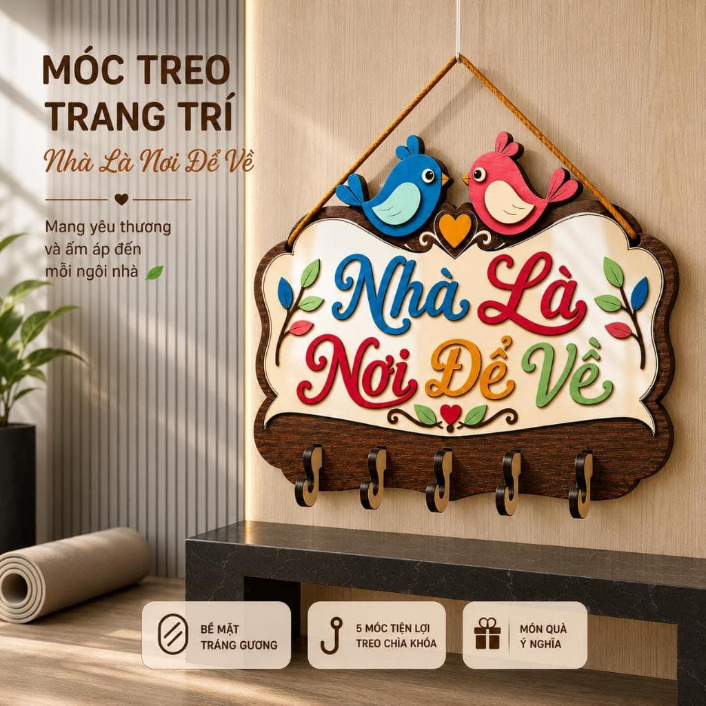 Móc Treo Chìa Khóa Gia Đình Nhỏ [Nhà Là Nơi Để Về] - Bảng Gỗ Treo Đồ Decor Tường Tiện Dụng