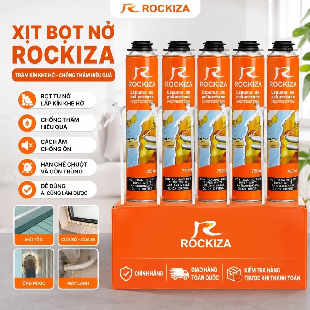 (Combo 5 chai) Keo bọt nở Rockiya chai 750ml tạo bọt nhanh, chống thấm nước hàng nặng 11kg/thùng
