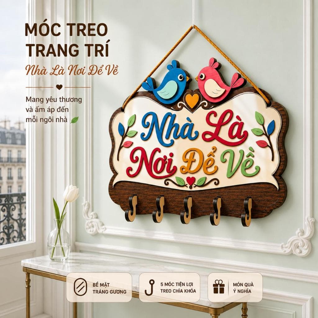 Móc Treo Chìa Khóa Bảng Gỗ [Nhà Là Nơi Để Về] - Đồ Decor Trang Trí Nhà Cửa Tối Giản