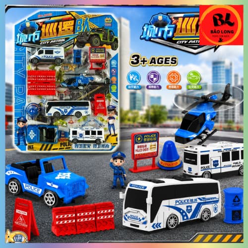 Bộ Đồ Chơi Xe Cảnh Sát 10 Chi Tiết Có Xe Bus, Xe Jeep, Trực Thăng Và Phụ Kiện Mô Hình Cho Bé