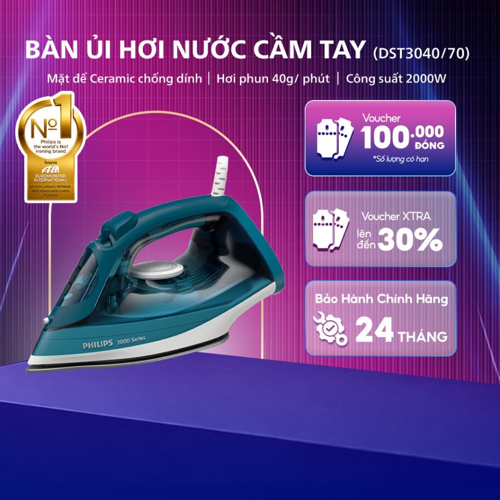 Bàn ủi hơi nước Philips DST3040/70 - Công suất 2600W - Tự động ngắt điện - Bảo hành 24 tháng