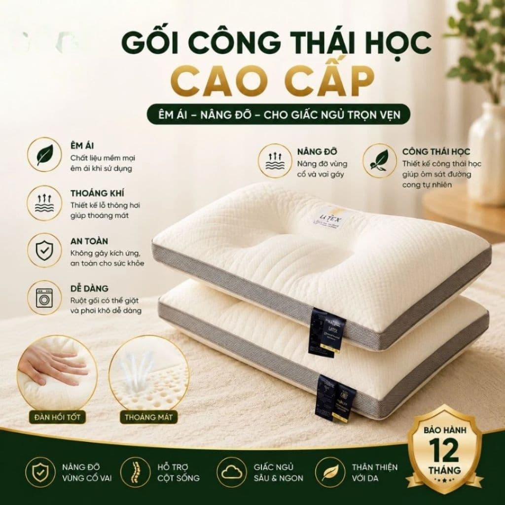 Gối ngủ 3D cao cấp chống đau mỏi vai gáy - Gối Công Thái Học kích thước 48 cm x 74 cm