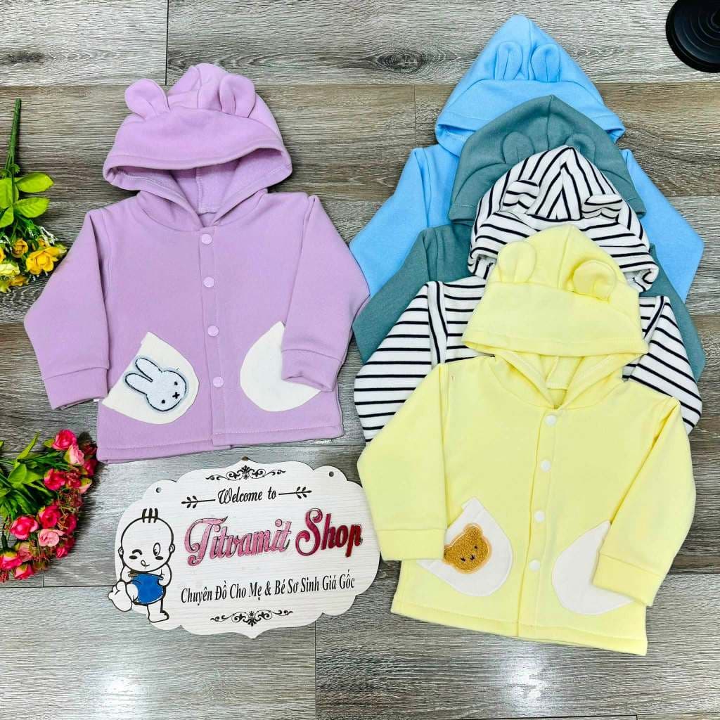 Áo khoác nỉ lông liền mũ 2 túi gấu khuy bấm cho bé ấm áp mặc mùa thu đông