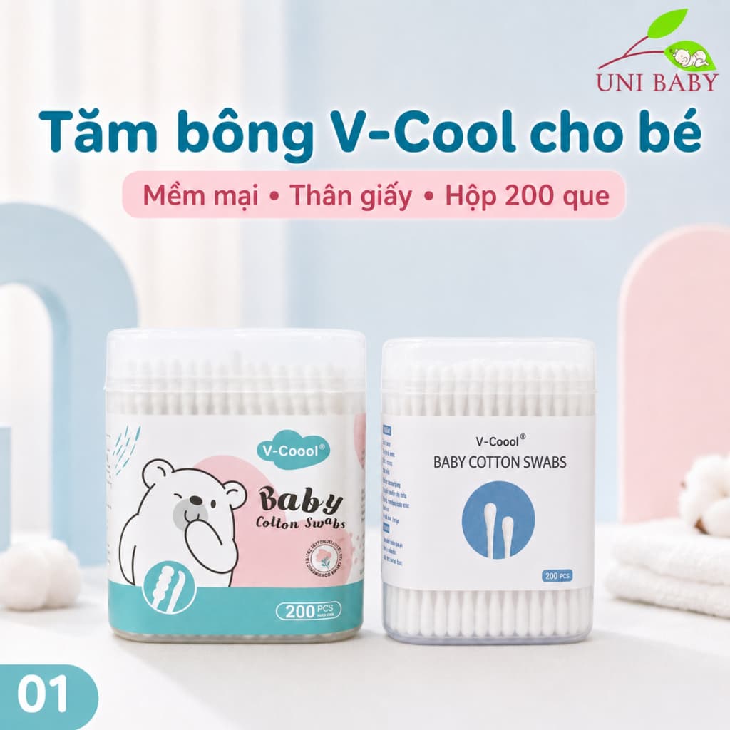 Tăm bông cho bé sơ sinh Vcoool hộp 200 que thân giấy đầu bông thiên nhiên 2 đầu dẹt tròn hoặc xoắn