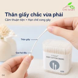 Tăm bông cho bé sơ sinh Vcoool hộp 200 que thân giấy đầu bông thiên nhiên 2 đầu dẹt tròn hoặc xoắn 4