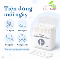 Tăm bông cho bé sơ sinh Vcoool hộp 200 que thân giấy đầu bông thiên nhiên 2 đầu dẹt tròn hoặc xoắn 5