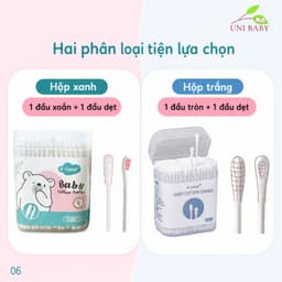 Tăm bông cho bé sơ sinh Vcoool hộp 200 que thân giấy đầu bông thiên nhiên 2 đầu dẹt tròn hoặc xoắn 6