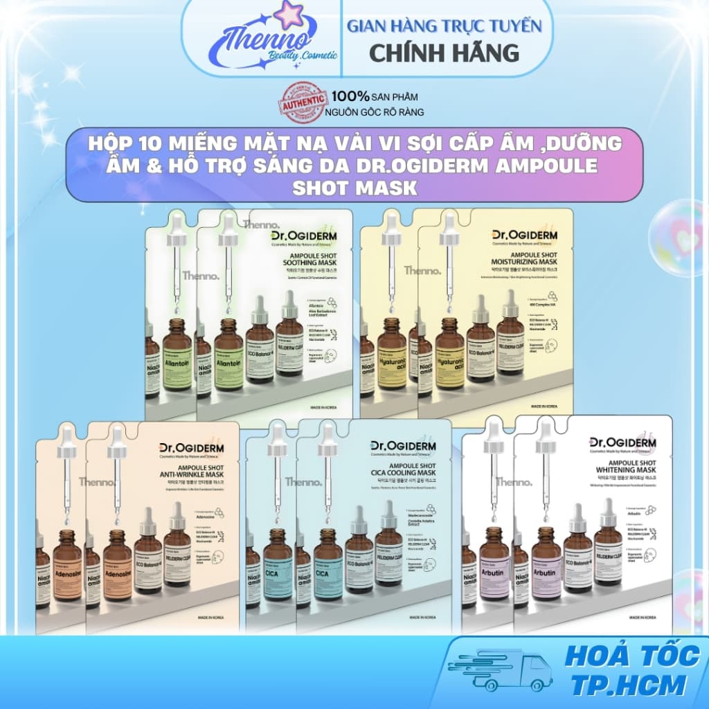 Hộp 10 Miếng Mặt Nạ Vải Vi Sợi Cấp Ẩm ,Dưỡng Ẩm & Hỗ Trợ Sáng Da Dr.Ogiderm Ampoule Shot Mask Hàn Quốc 30ml
