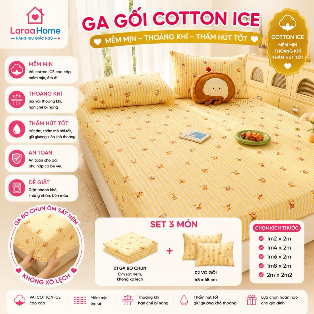Ga Gối Cotton ICE 3 Món LaraaHome 1 Ga Bo Chun + 2 Vỏ Gối 45x65 Mềm Mịn Thoáng Khí
