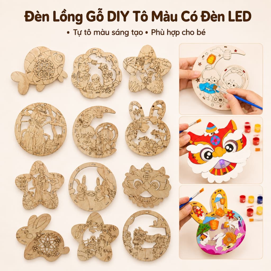 Đèn Lồng Trung Thu Gỗ DIY - Bé Tự Tô Màu, Sáng tạo handmade.