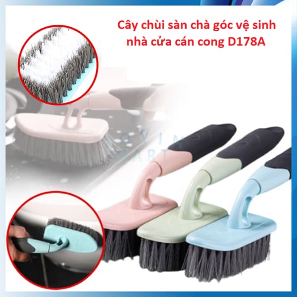 Cây chùi sàn chà góc vệ sinh nhà cửa cán cong D178A và Combo bàn chải kèm gấp rác. LMS