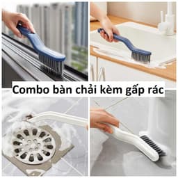 Cây chùi sàn chà góc vệ sinh nhà cửa cán cong D178A và Combo bàn chải kèm gấp rác. LMS 8
