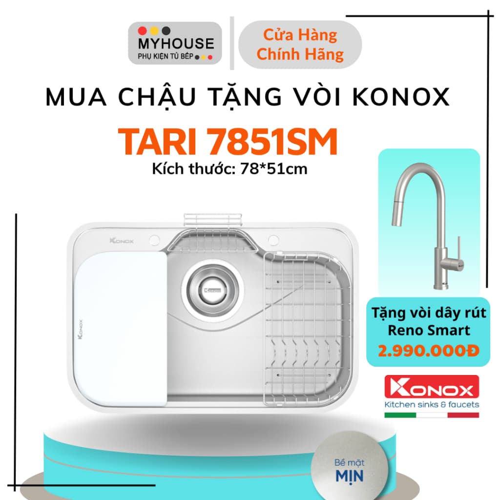 Chậu rửa bát Konox Tari 7851SM, Bảo hành chính hãng 10 năm