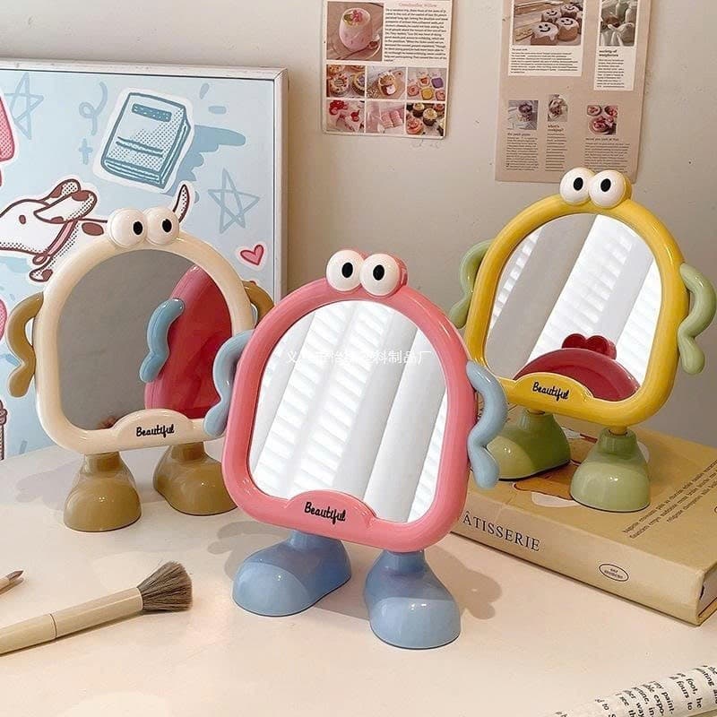 Gương Để Bàn Mini Cute Hình Quái Vật Dễ Thương - Gương Trang Điểm Để Bàn Xoay Góc, Decor Bàn Học, Gương Makeup