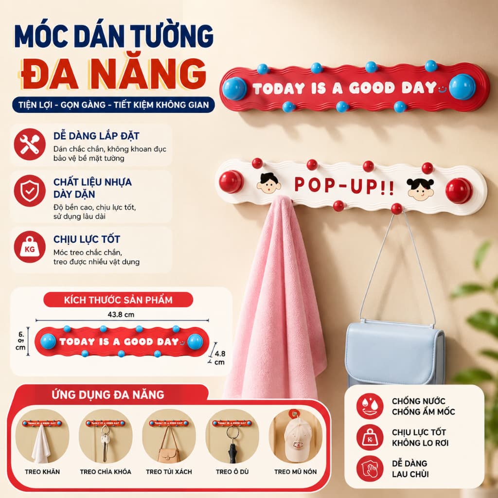 Thanh 7 Móc Dán Tường Đa Năng Chịu Lực Tốt, Không Cần Khoan, Tái Sử Dụng Tiện Lợi