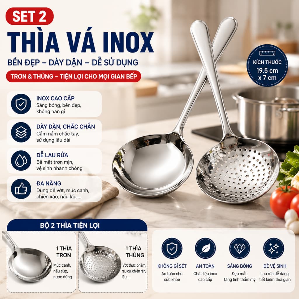 Set 2 Thìa Vá Inox Trơn Thủng Bản To 19.5cm Chống Gỉ, Bền Đẹp Dễ Vệ Sinh