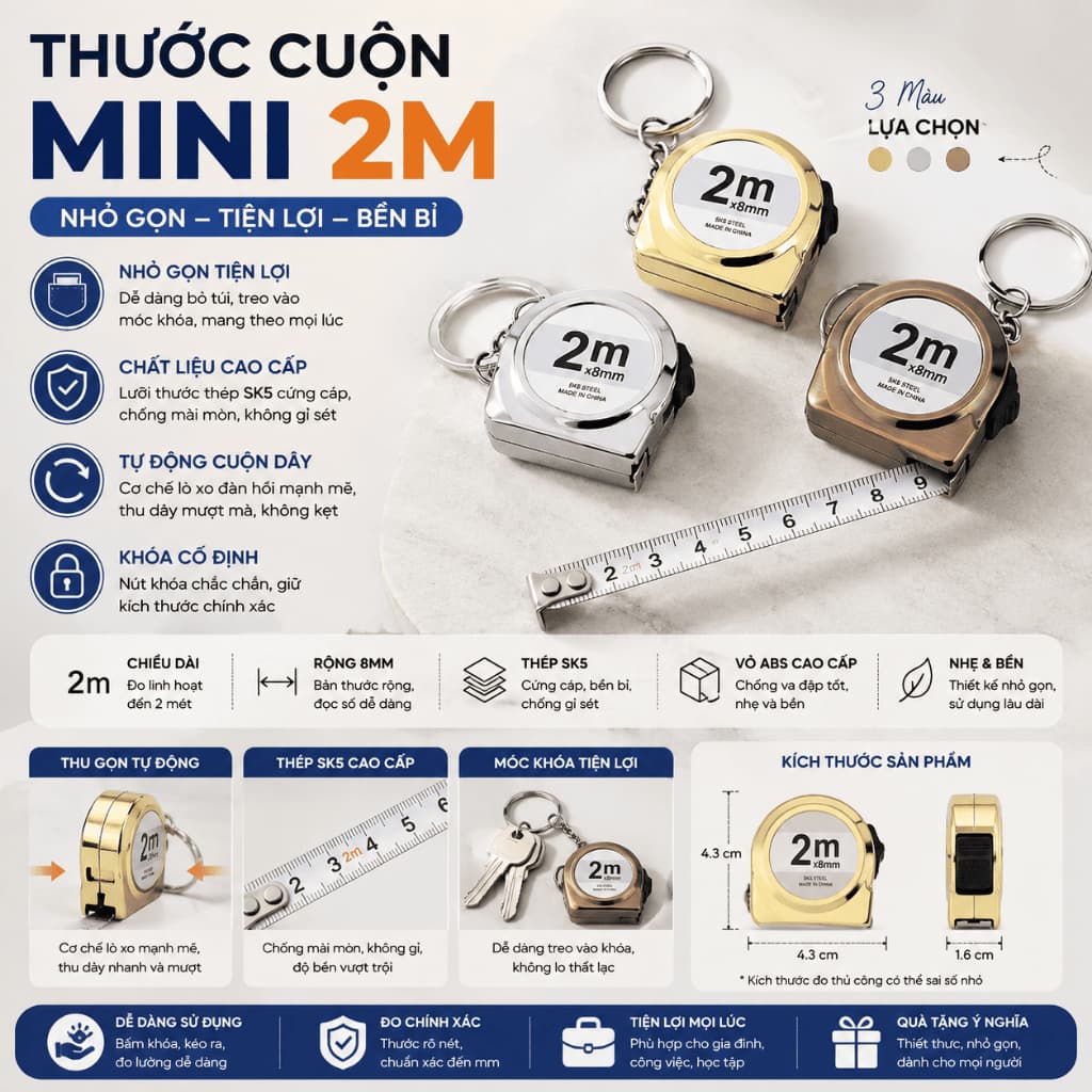 Thước Cuộn Mini 2M Móc Khóa Thép SK5 Đo Chính Xác, Tự Thu Dây, Nhỏ Gọn Tiện Lợi