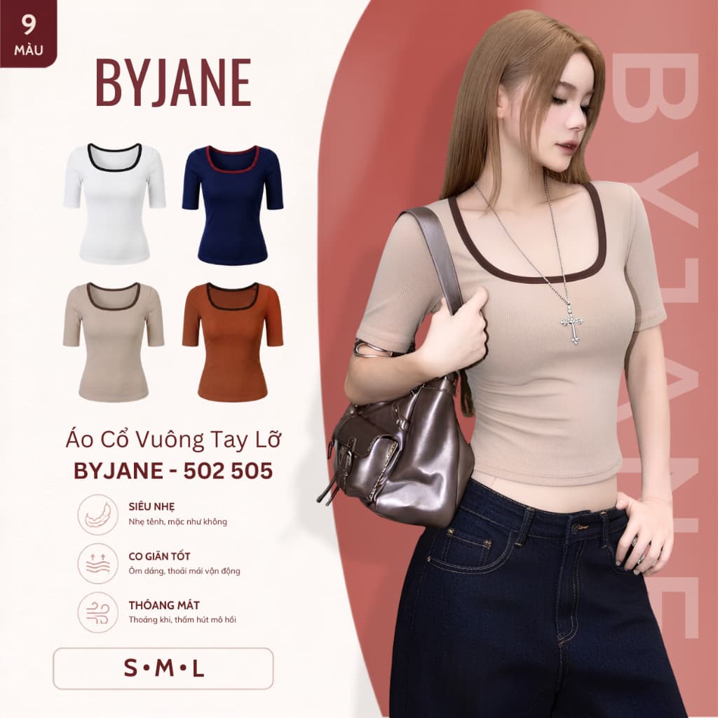 Áo Thun Nữ Cổ Vuông Tay Lỡ Phối Viền Ôm Body Chất Thun Mịn Co Giãn 4 Chiều Basic Tôn Dáng Nhiều Màu BYJANE 505-502