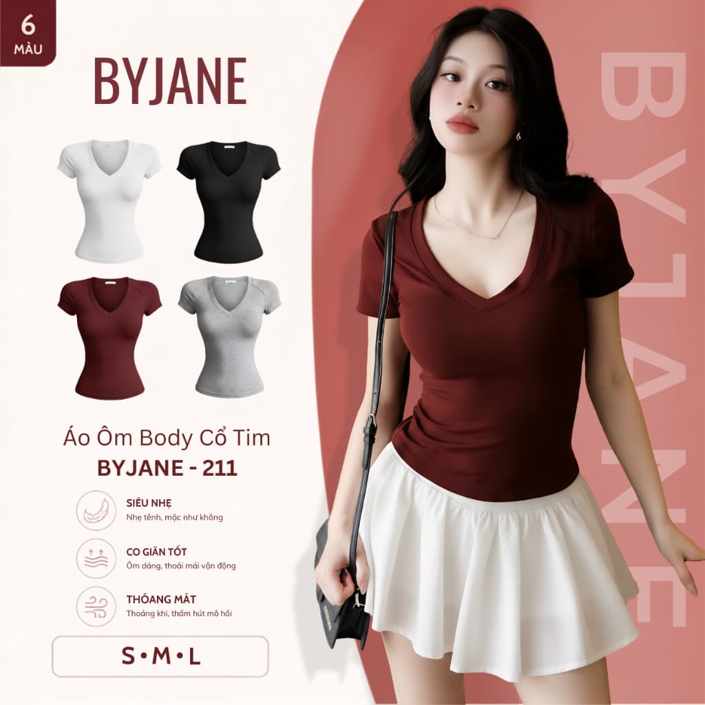 Áo cổ tim ôm body BYJANE áo phông cộc tay nữ ngắn tay thun mịn co dãn 4 chiều - 211
