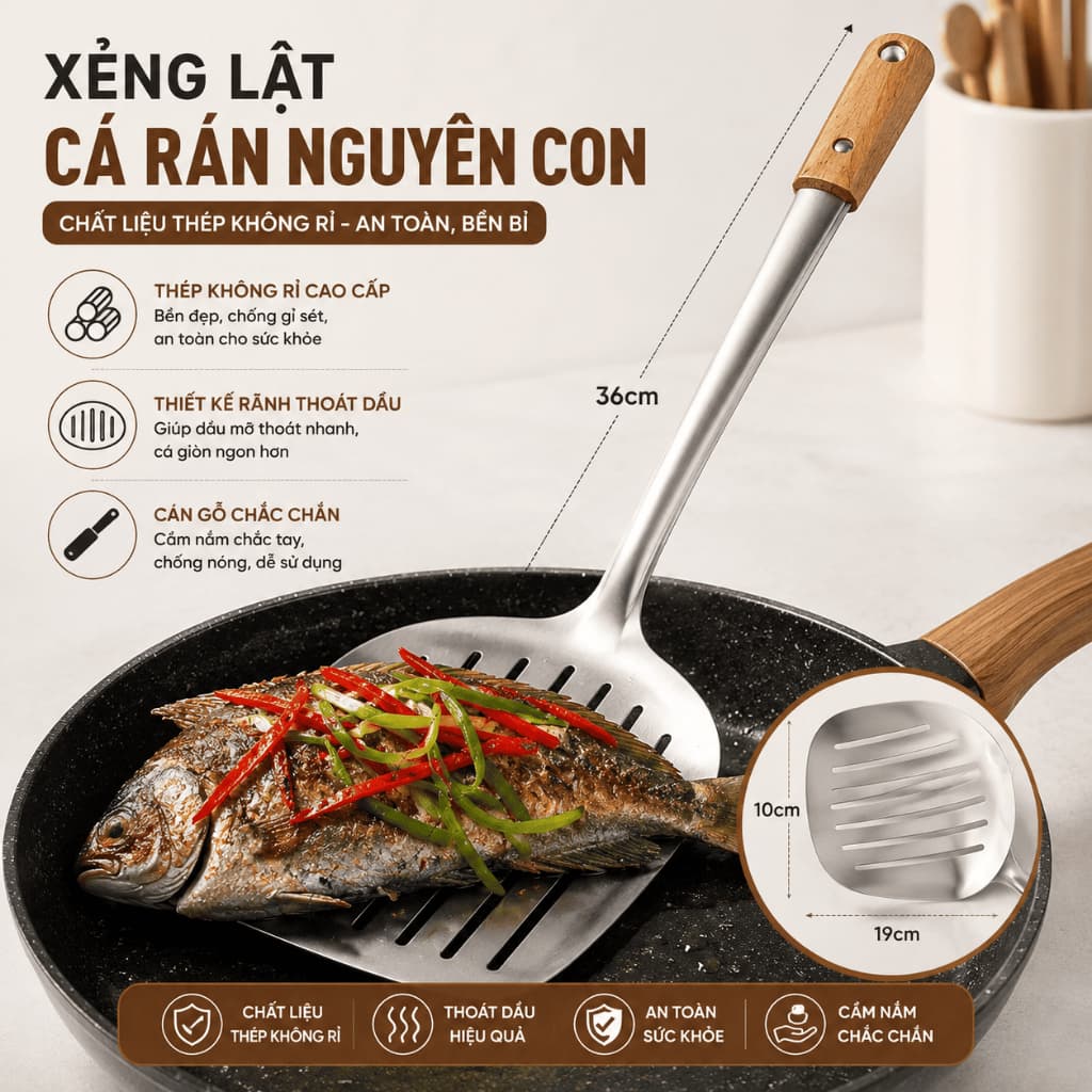 Xẻng Lật Cá Inox Cán Gỗ 36cm Chuyên Dụng, Xẻng Chiên Cá Nguyên Con Chịu Nhiệt Cao