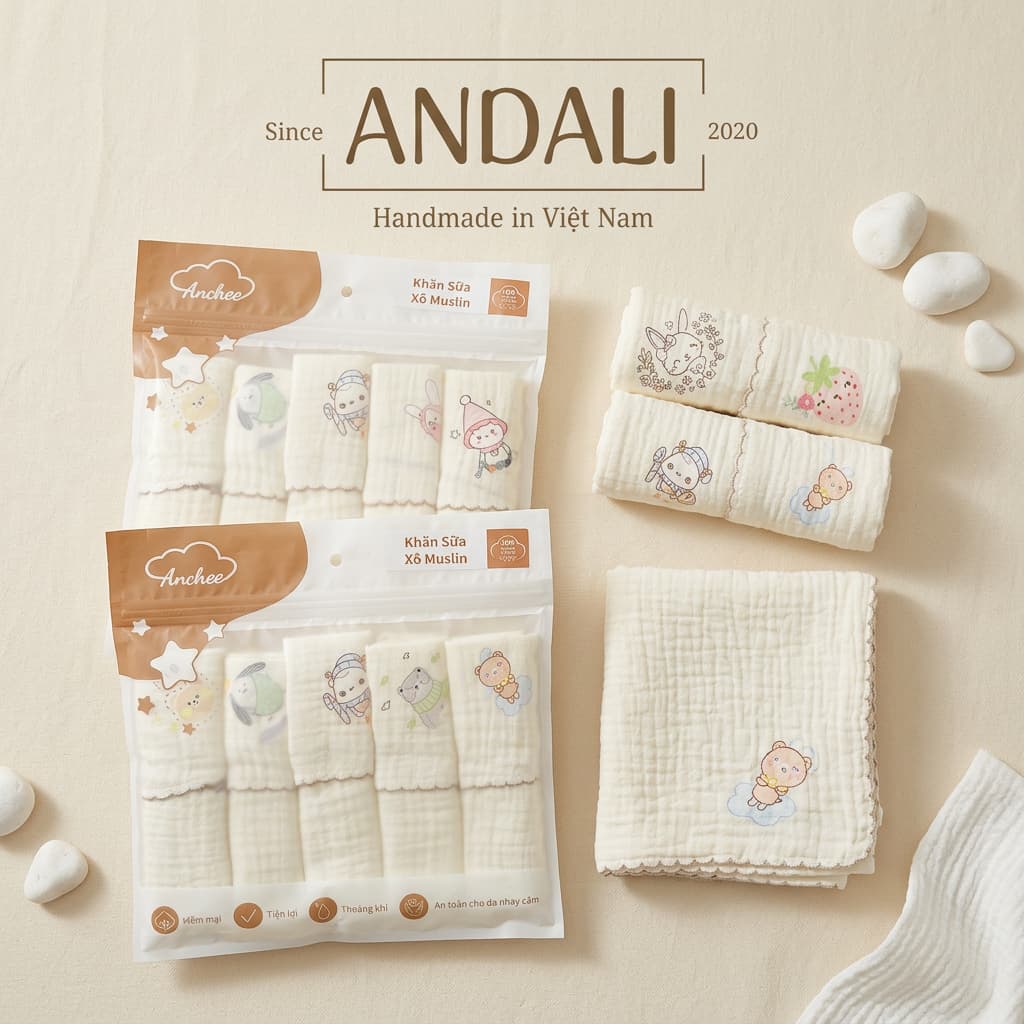 Set 5 Khăn sữa Muslin in hình ngộ nghĩnh Anchee cho bé mềm mại, xinh xắn
