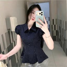 Áo Sơ Mi Nữ Kẻ Sọc Tay Phồng Chiết Eo Cổ Đức Dáng Peplum Thanh Lịch Công Sở Hàn Quốc 6