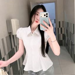 Áo Sơ Mi Nữ Kẻ Sọc Tay Phồng Chiết Eo Cổ Đức Dáng Peplum Thanh Lịch Công Sở Hàn Quốc 5