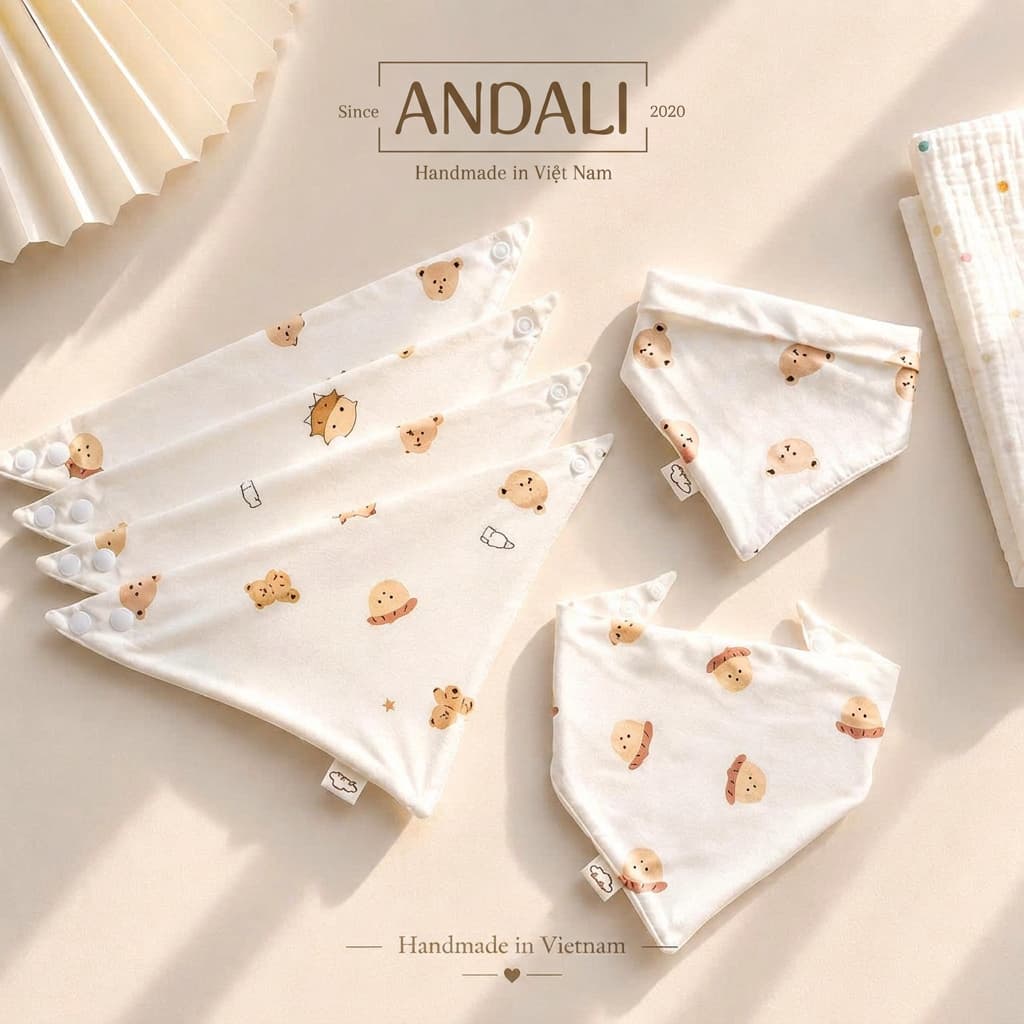 Sét 5 Yếm Tam Giác Anchee cho bé Chất Petit Có Cúc Bấm Cho Bé ( freesize 0M - 2 tuổi)