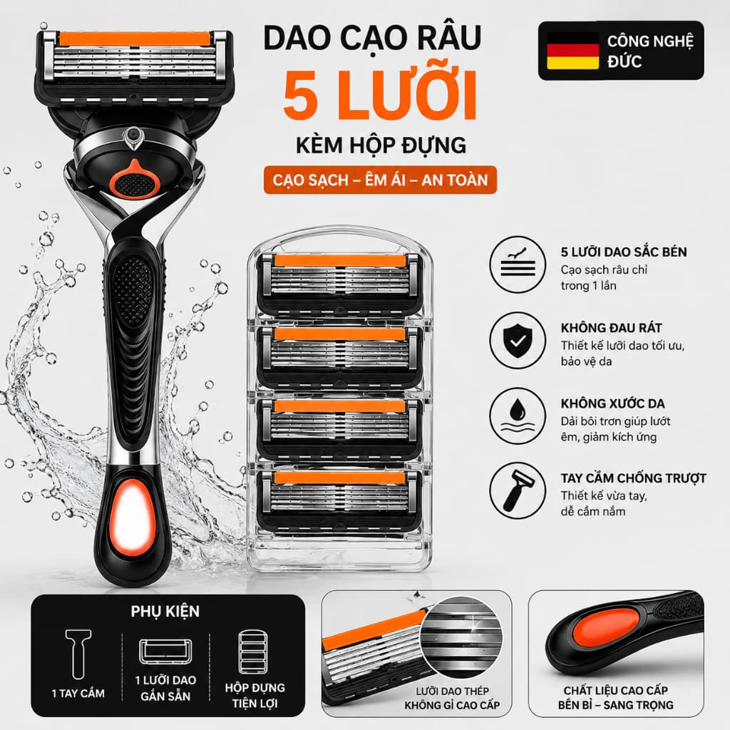 Dao Cạo Râu 5 Lưỡi Kèm Hộp, Dao Cạo Râu Nam Lưỡi Thép Không Gỉ Cạo Sát Êm Ái