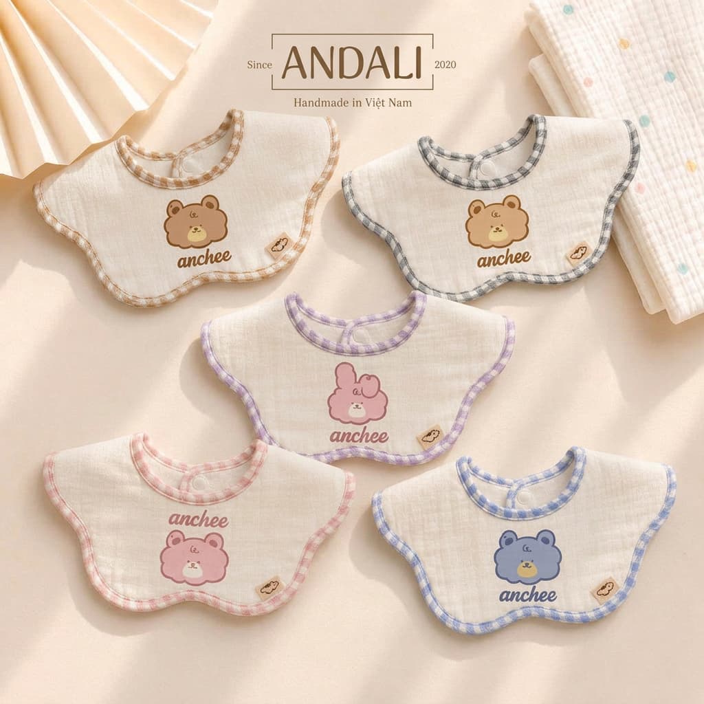 Yếm Cotton Cổ Hoa Cho Bé In Hình Dễ Thương – Yếm Ăn Dặm Sơ Sinh Vải Mềm Dày Dặn Thấm Hút Tốt Cho Bé