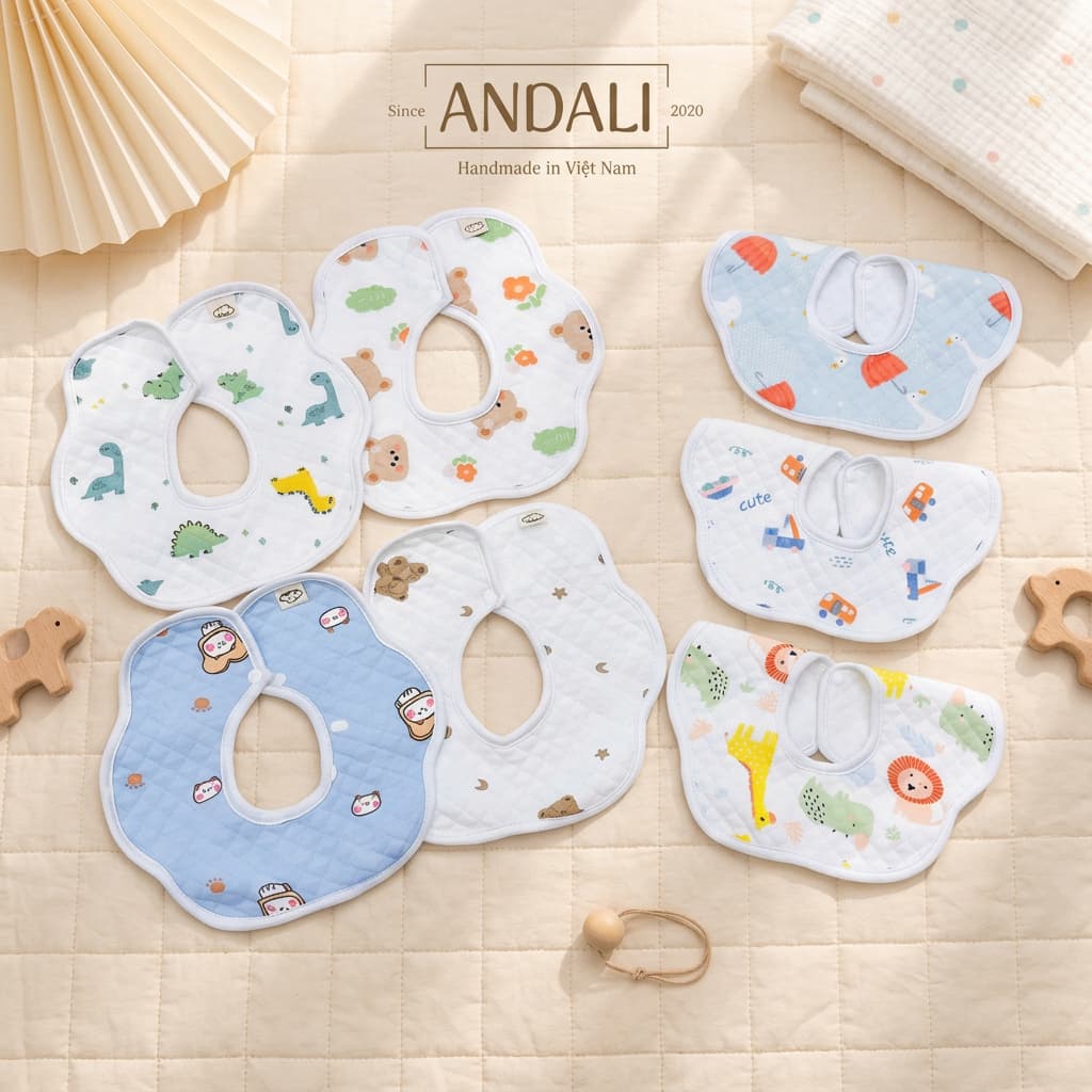 Set 2 yếm trần bông giữ ấm siêu thấm hút, họa tiết Hàn Quốc Anchee