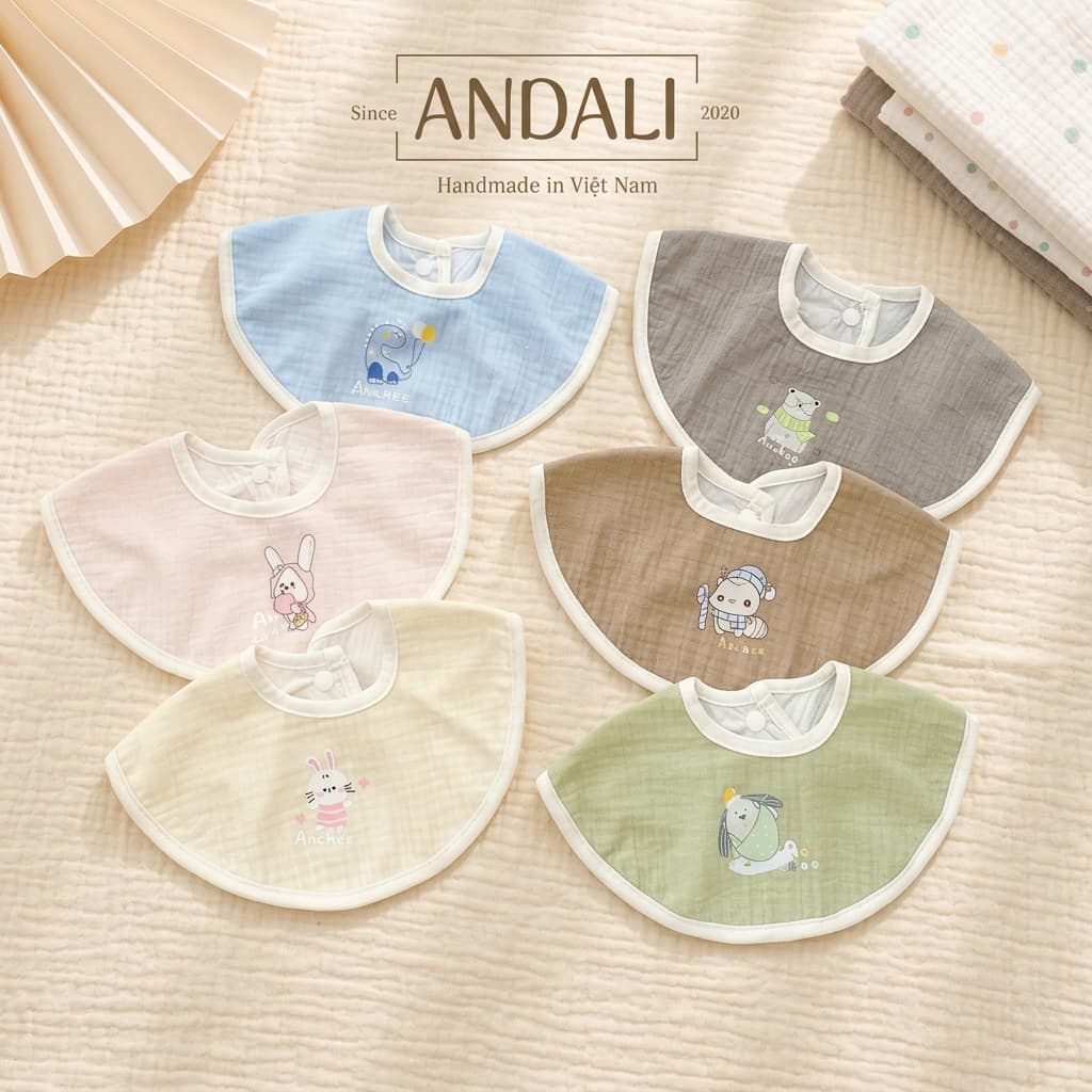 Set 3 yếm chống thấm xô muslin cho bé, nhiều màu xinh xắn Anchee