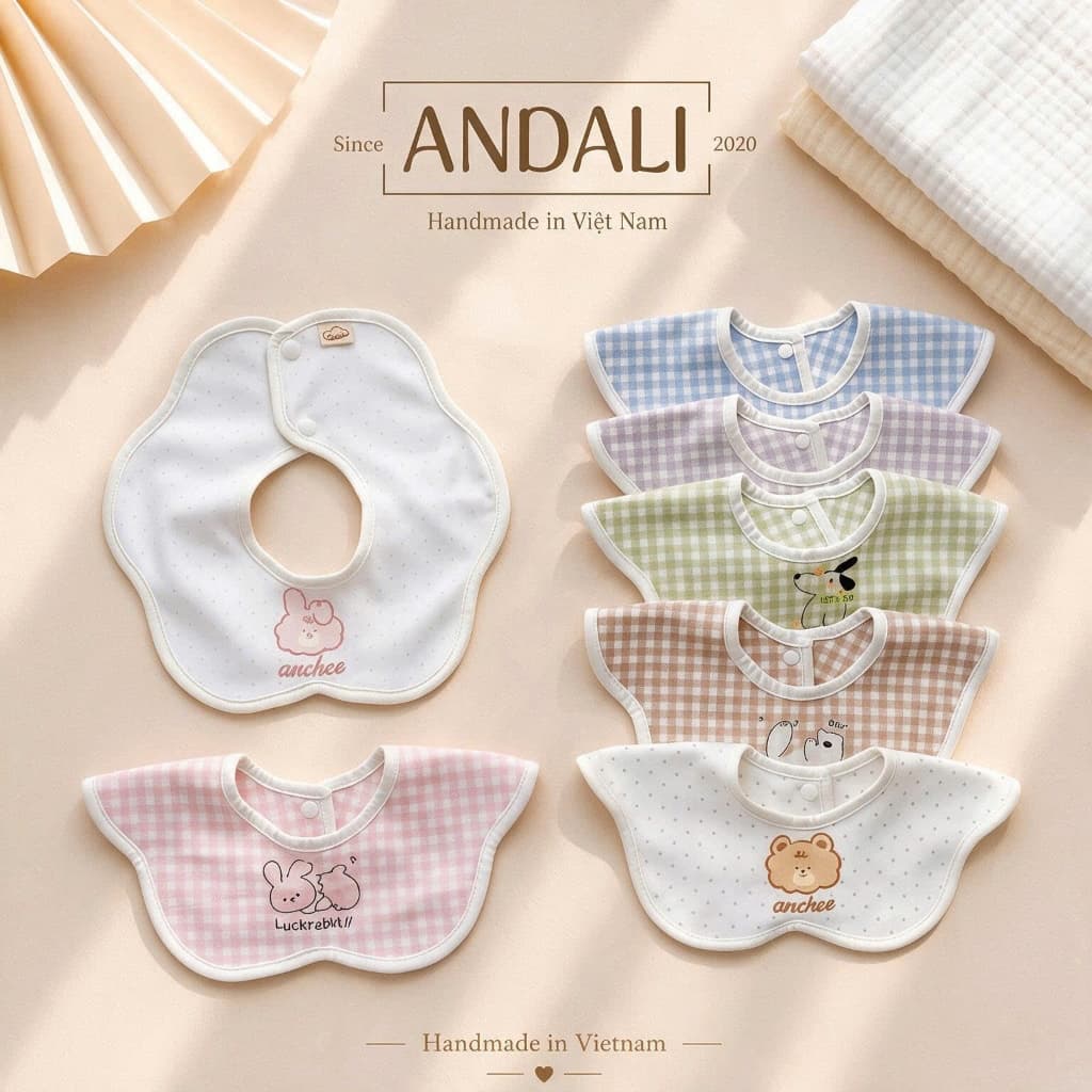 (Set 3 yếm) Yếm Xô vuông viền kẻ Anchee mẫu mới hình in siêu xinh cho bé