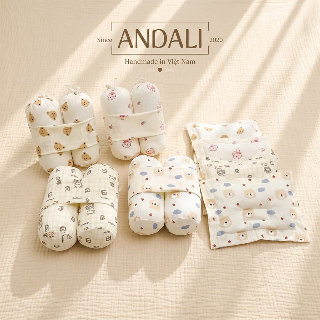 Bộ Gối Chặn Cho Bé Sơ Sinh Anchee Tặng Kèm Gối Thiết Kế Chống Lõm Đầu Chất Vải Gân Đũi Thoáng Mát