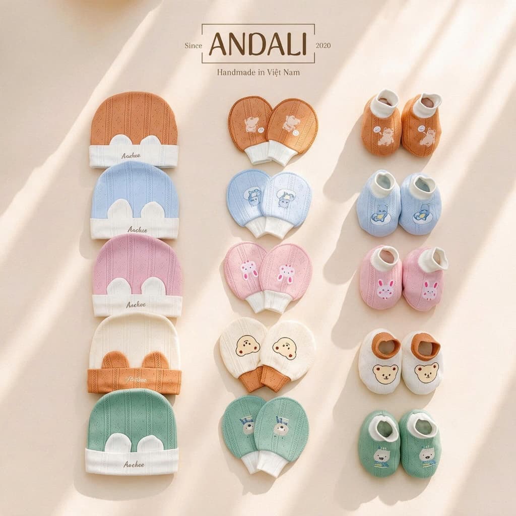 Set mũ bao tay bao chân sơ sinh cotton xuất Hàn Anchee cao cấp – Bộ mũ tai gấu mềm mịn, thoáng khí cho bé 0-6 tháng