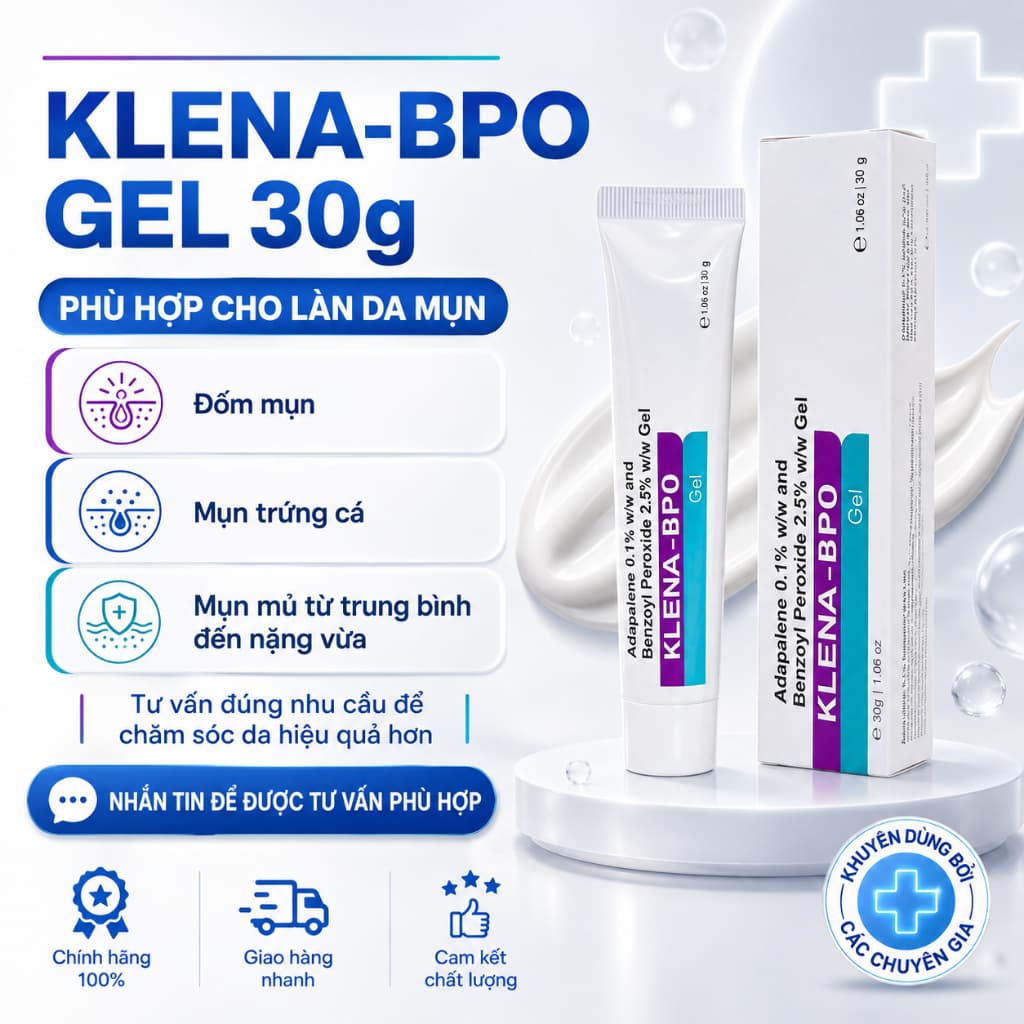 Klena BPO Adapalene 0.1% Benzoyl Peroxide 2.5% 30g Hỗ Trợ Giảm Mụn, Mờ Thâm Sau Mụn