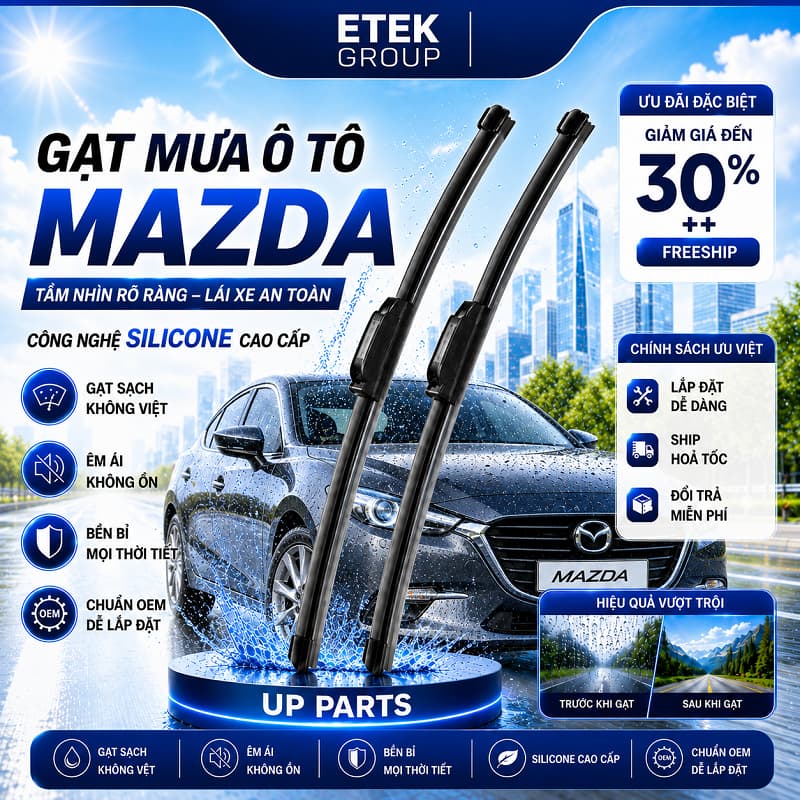 Bộ Gạt Mưa Ô Tô MAZDA 2, 3, 6, CX5, BT50 - COMBO 2 GẠT Xương Mềm Cao Cấp UP PARTS – Cần Gạt Mưa Xe Hơi Chuẩn Zin