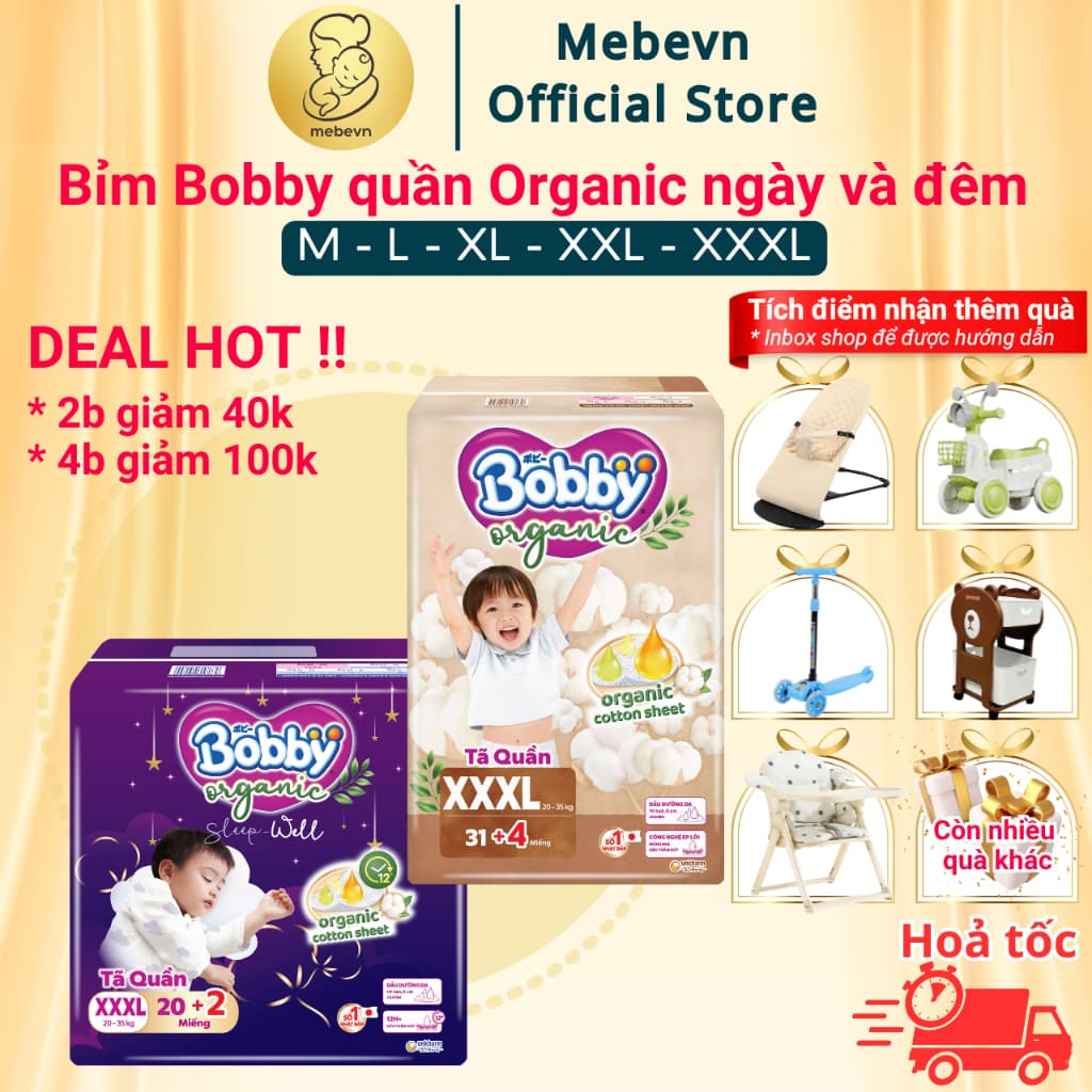 bỉm bobby quần Organic cao cấp 2025, bỉm bobby chính hãng chất liệu tự nhiên, siêu thấm hút cho bé