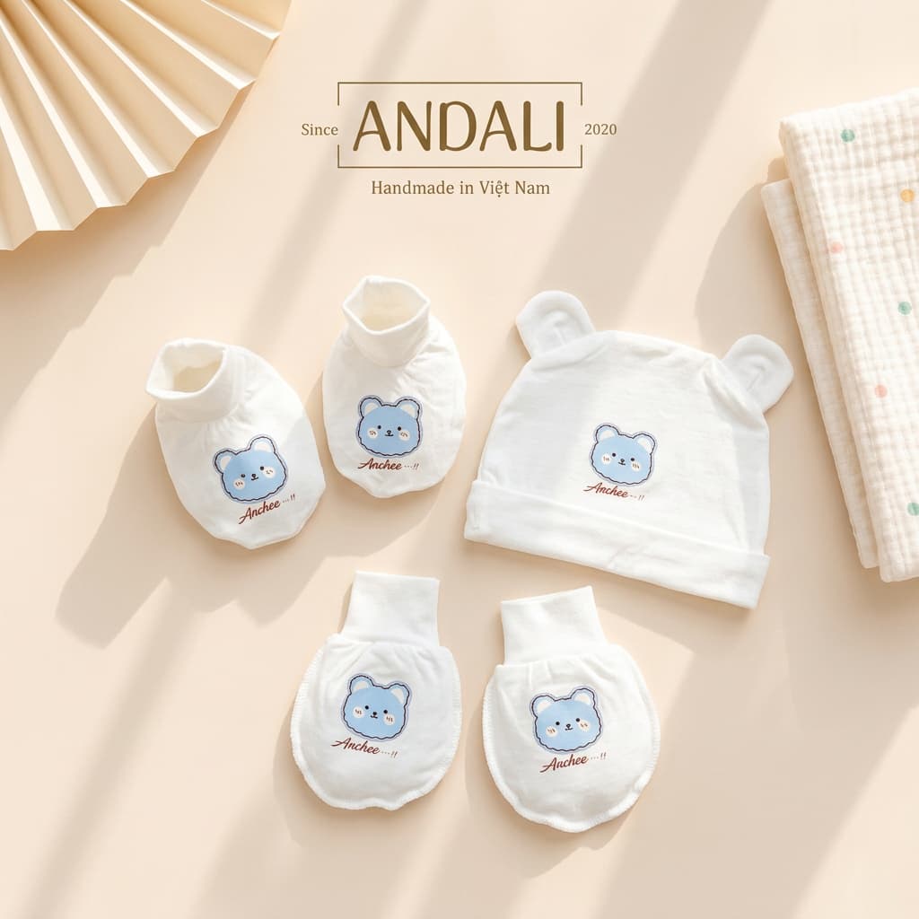 Set Mũ Bao Tay Bao Chân Sơ Sinh Chất Peptit Cao Cấp Anchee | Mềm Mại, Kháng Khuẩn, An Toàn Cho Bé 0–6 Tháng
