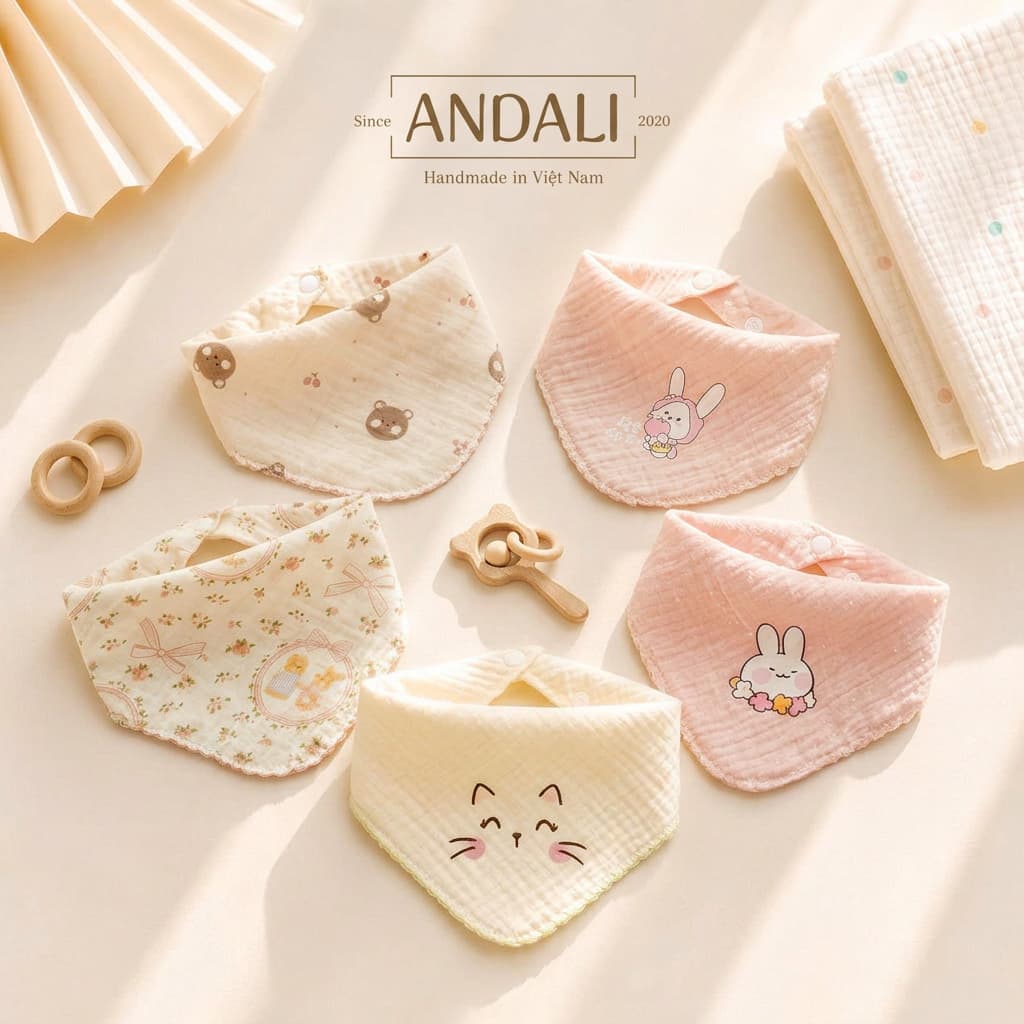 Set 5 Yếm Tam Giác Xô Muslin cao cấp 2 Lớp – Yếm Thấm Nước Cho Bé Sơ Sinh Đến 2 Tuổi