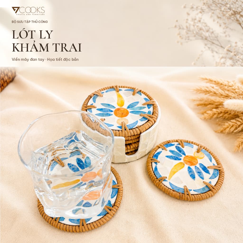 Bộ 6 lót ly khảm trai 7COOKS kèm hộp đựng, đế lót cốc thủ công, quà tặng tân gia, quà lưu niệm