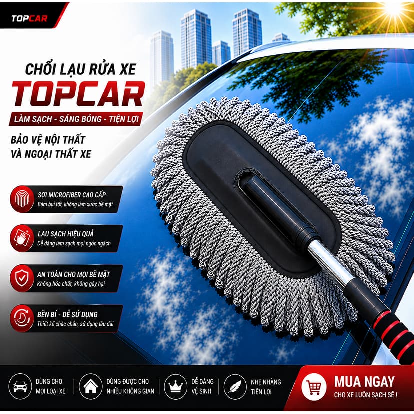 Chổi Lau Rửa Xe Ô Tô Loại Bông Dẹt Vệ Sinh Nội Thất - Ngoại Thất, Cán Kéo Dài Tự Điều Chỉnh Dễ Dàng Tiện Lợi