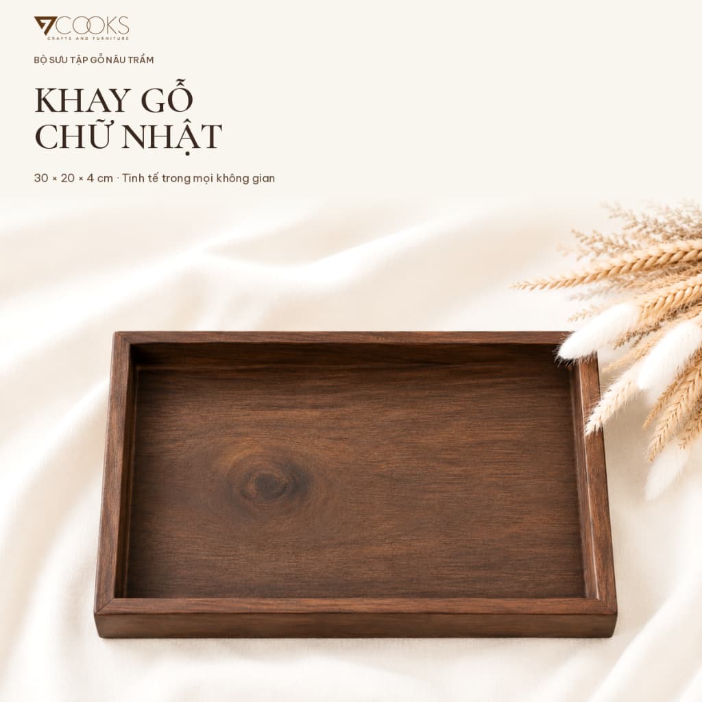 Khay gỗ chữ nhật 7COOKS đựng trà bánh, phục vụ bàn ăn và trang trí, miễn phí khắc tên lên khay