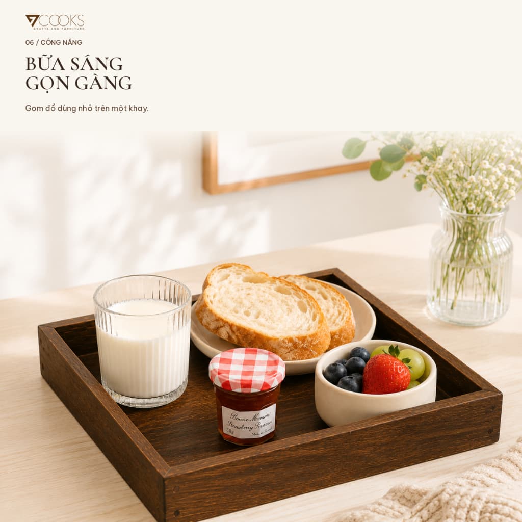 Khay gỗ vuông 7COOKS đựng trà bánh, gia vị và trang trí bàn ăn,decor phòng khách, miễn phí khắc tên