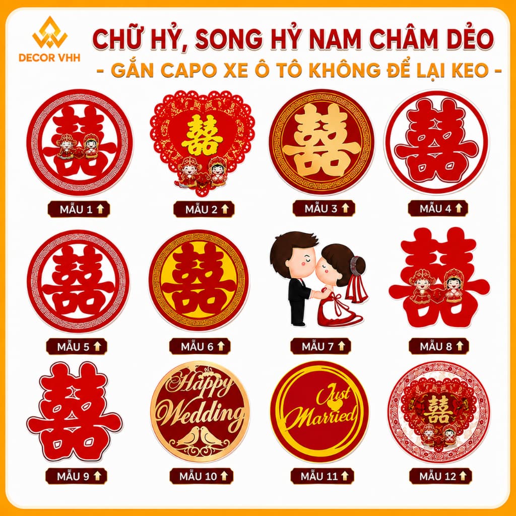 CHỮ HỶ, SONG HỶ NAM CHÂM DẺO - GẮN CAPO XE Ô TÔ không để lại keo, tiện lợi, tái sử dụng nhiều lần (NC5609)