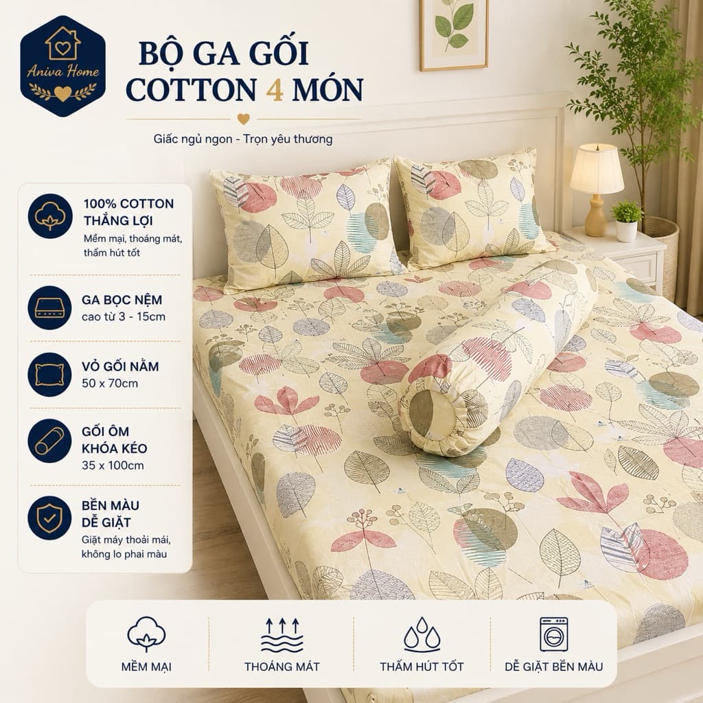 Bộ Ga Gối Cotton Thắng Lợi Aniva Home 1m4, 1m6 - Ga Bọc Nệm Cao Đến 25cm, Mềm Mại, Thoáng Khí, Bền Đẹp