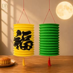 Combo 10 lồng đèn giấy xếp DIYDECORSG, lồng đèn hình ống trụ Trung thu, mẫu hoạt hình con vật 18.5cm 6