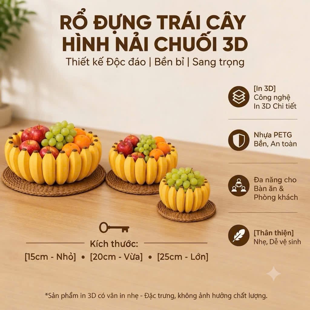 Rổ Đựng Trái Cây Hình Nải Chuối In 3D Nhựa PETG - Khay Đựng Hoa Quả Trang Trí Độc Đáo (15/20/25cm)