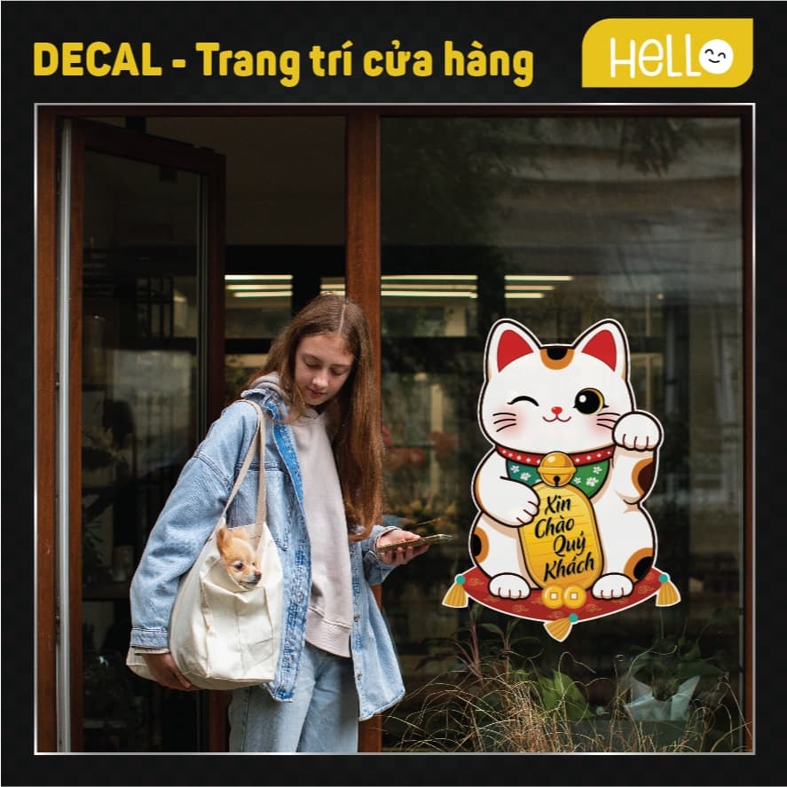 Mèo Thần tài - XIN CHÀO QUÝ KHÁCH _decal chống nước dán cửa kính đón khách
