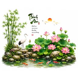 Decal dán tường  hồ sen tre trúc hạc trắng kt 6090cm sẵn keo decor phòng khách 1